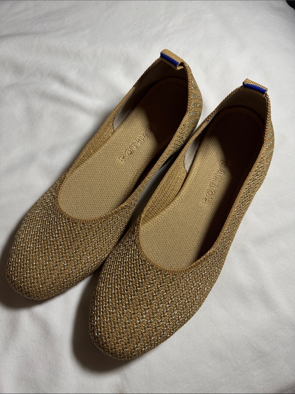 Rothy's The Square Wrap in Gold Stripe Knit Ballet Flats Blue Heel Tab Sz 7.5